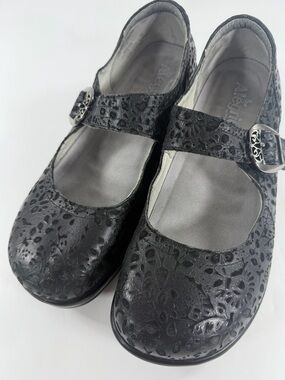 Alegria Paloma Black Embossed Floral Leather Mary Jane Comfort Shoes EU 41